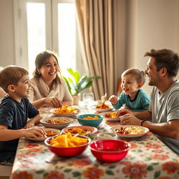 A joyful family sitting at a dining table, sharing a meal together
