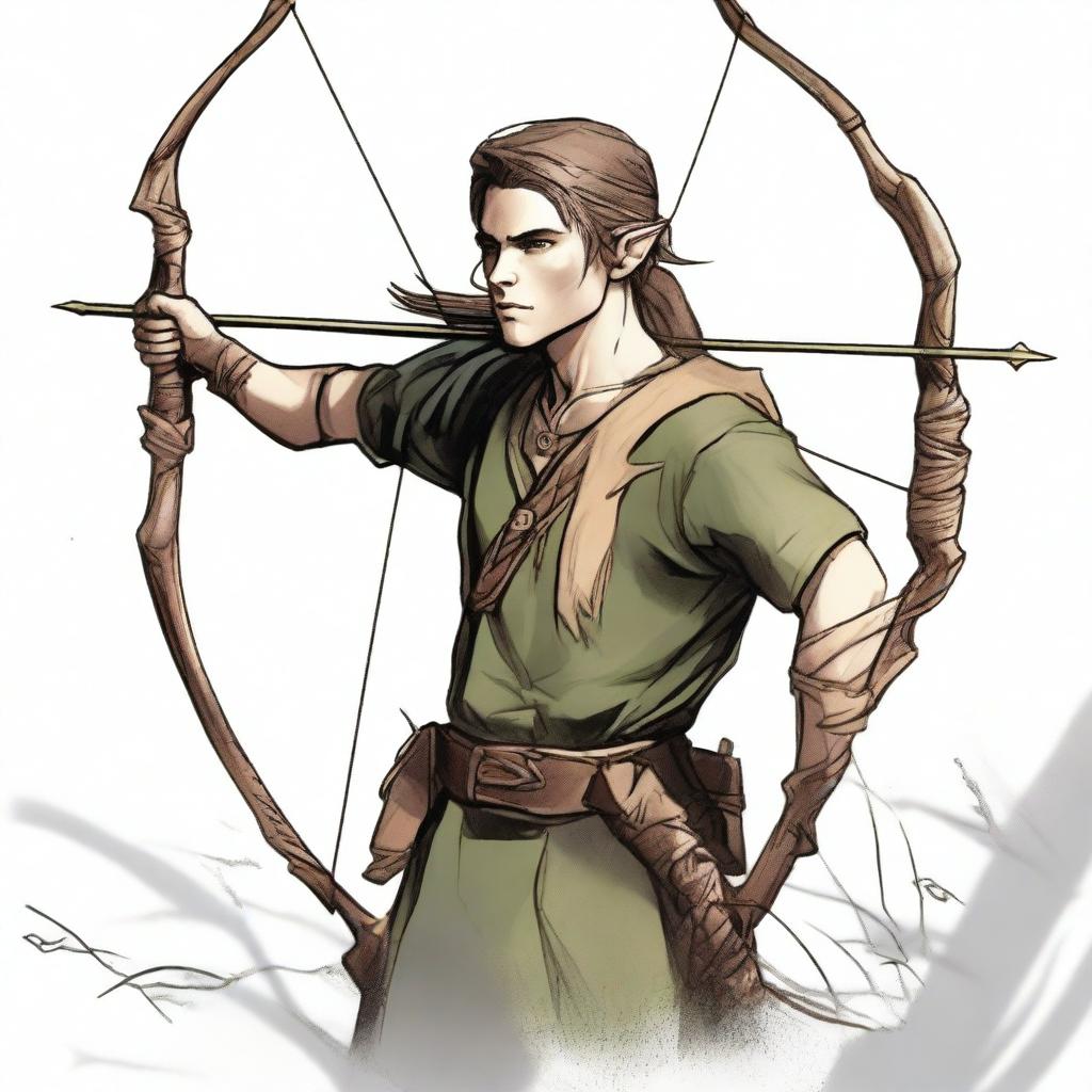 A depiction of a wood elf archer, poised and ready, his eyes focused and sharp as the arrow nocked in his bow.