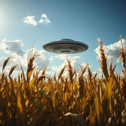 A surreal raw photograph of a UFO hovering in a cornfield, captured in the late afternoon light
