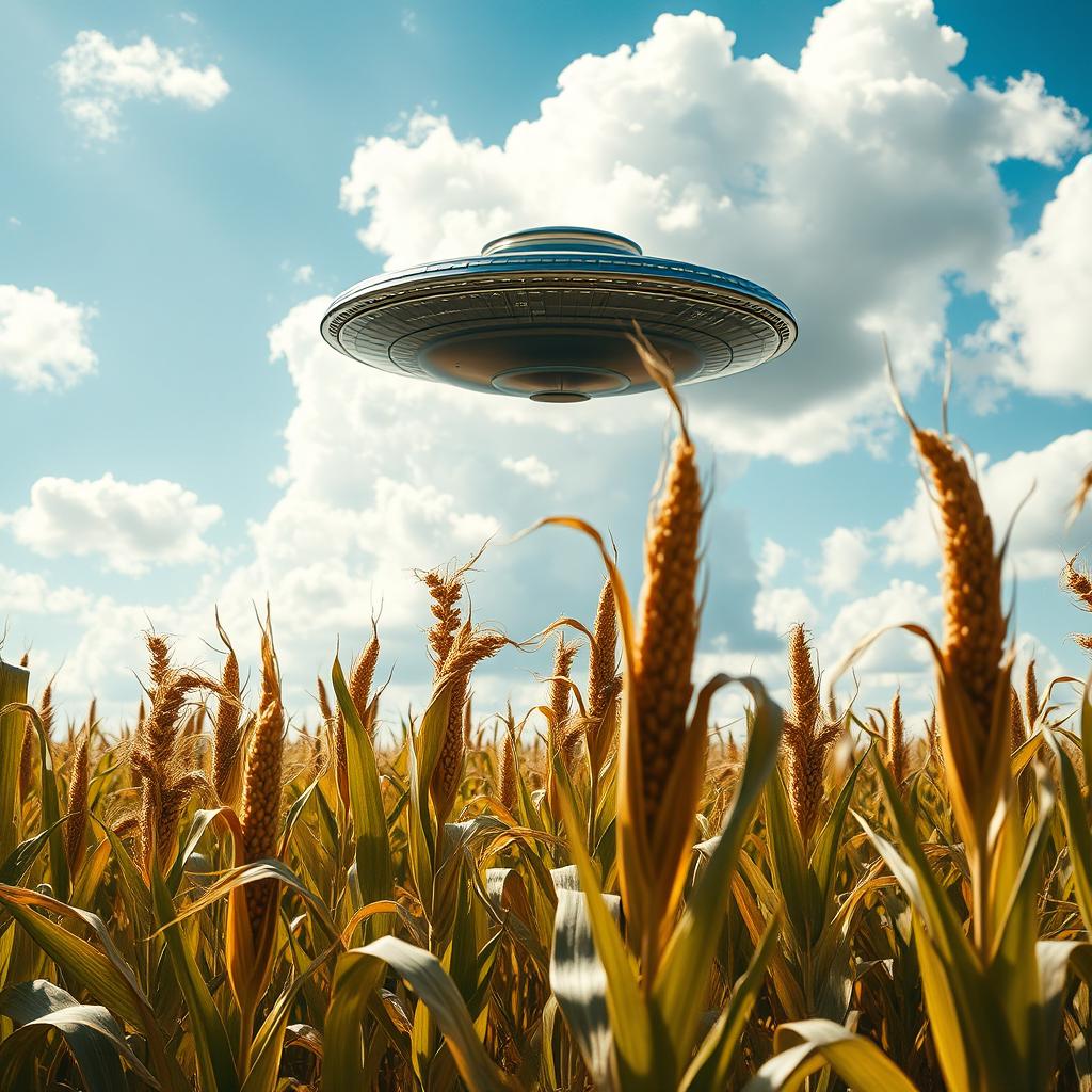 A surreal raw photograph of a UFO hovering in a cornfield, captured in the late afternoon light