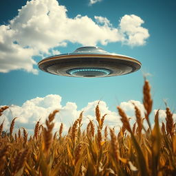 A surreal raw photograph of a UFO hovering in a cornfield, captured in the late afternoon light