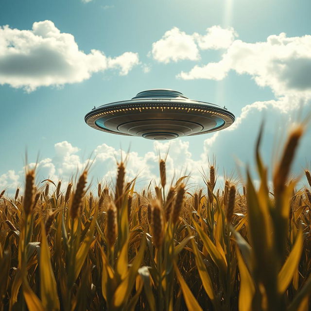 A surreal raw photograph of a UFO hovering in a cornfield, captured in the late afternoon light