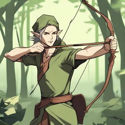 Anime style depiction of a wood elf archer, poised with bow and arrow, his keen eyes reflecting the wisdom of the ancient forest