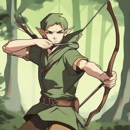 Anime style depiction of a wood elf archer, poised with bow and arrow, his keen eyes reflecting the wisdom of the ancient forest