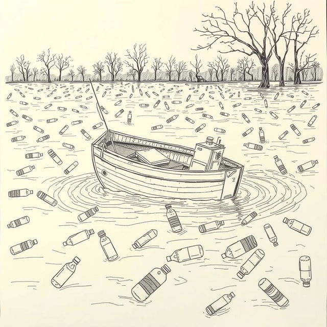 A hand-drawn sketch of a small boat struggling to stay afloat amidst a flooding scene