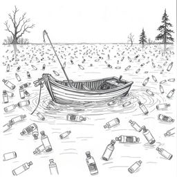 A hand-drawn sketch of a small boat struggling to stay afloat amidst a flooding scene
