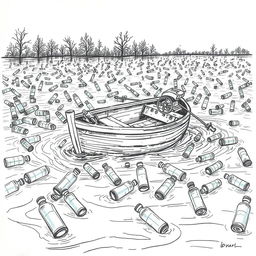 A hand-drawn sketch of a small boat struggling to stay afloat amidst a flooding scene