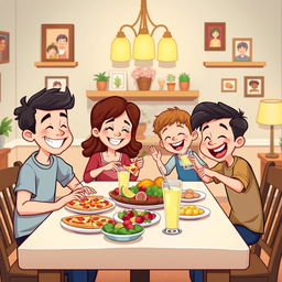 A cheerful cartoon of a happy family of four sitting around a dining table, enjoying a meal together