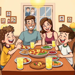 A cheerful cartoon of a happy family of four sitting around a dining table, enjoying a meal together