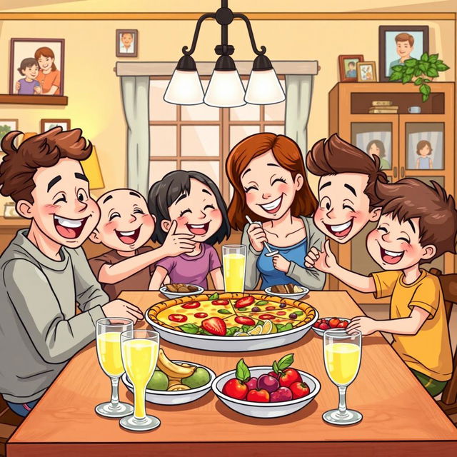 A cheerful cartoon of a happy family of four sitting around a dining table, enjoying a meal together