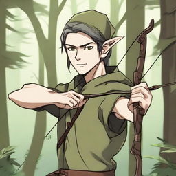 Anime style depiction of a wood elf archer, poised with bow and arrow, his keen eyes reflecting the wisdom of the ancient forest