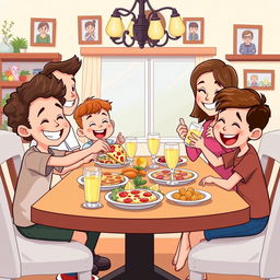 A cheerful cartoon of a happy family of four sitting around a dining table, enjoying a meal together