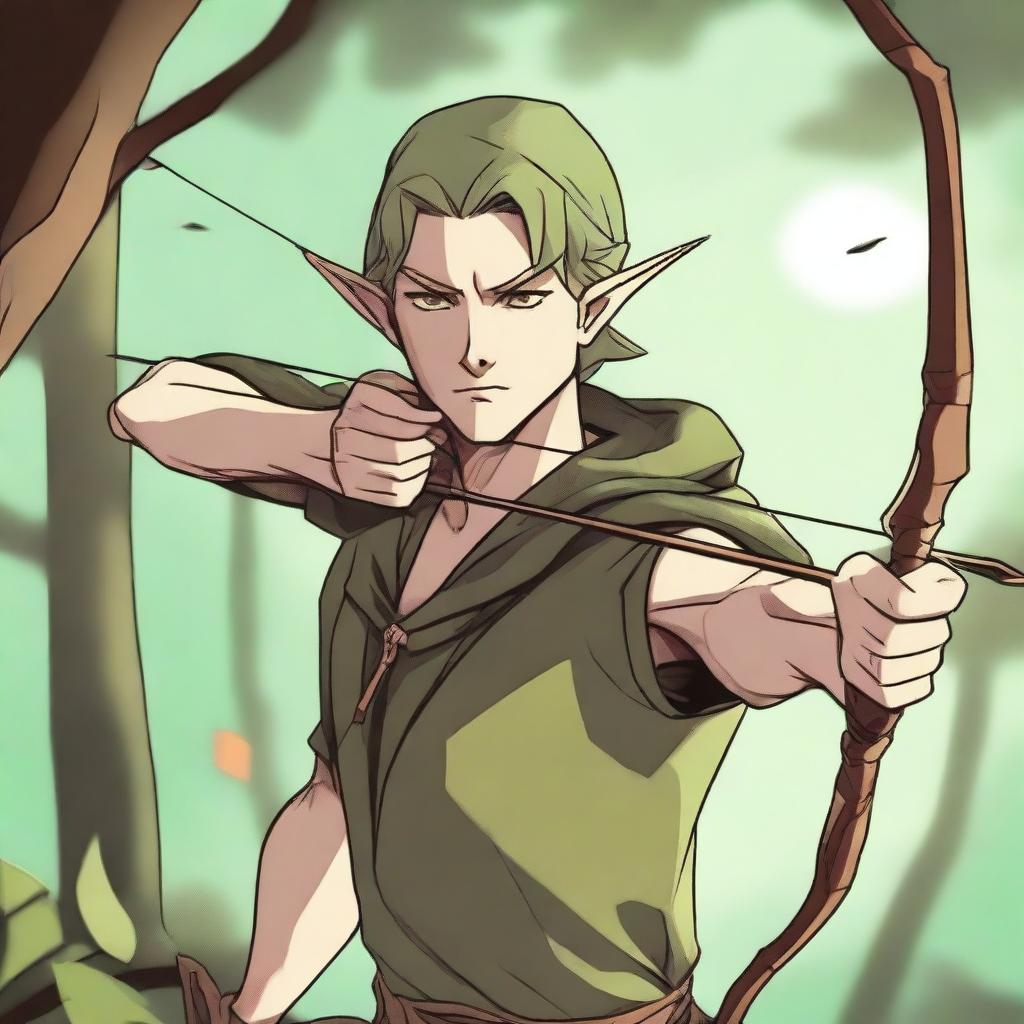 Anime style depiction of a wood elf archer, poised with bow and arrow, his keen eyes reflecting the wisdom of the ancient forest