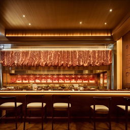 A steakhouse interior with warm, inviting lights, tasteful furniture, and a stunning feature wall with a transparent fridge showcasing an array of high-quality steaks hung for aging.