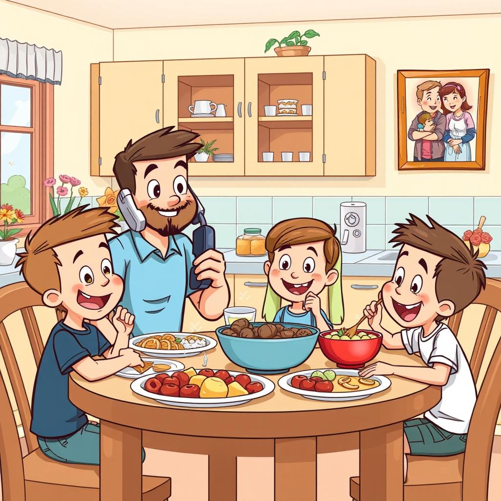 A cheerful cartoon family scene featuring a father, a mother, and two young sons happily enjoying a meal together at a dining table