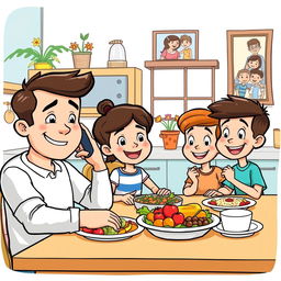 A cheerful cartoon family scene featuring a father, a mother, and two young sons happily enjoying a meal together at a dining table