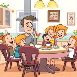 A cheerful cartoon family scene featuring a father, a mother, and two young sons happily enjoying a meal together at a dining table