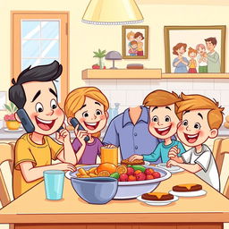 A cheerful cartoon family scene featuring a father, a mother, and two young sons happily enjoying a meal together at a dining table