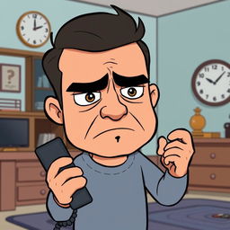 A cartoon scene depicting a worried and sad father character