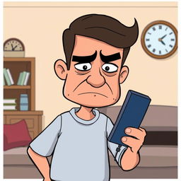 A cartoon scene depicting a worried and sad father character