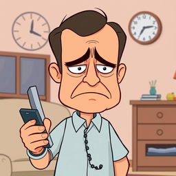 A cartoon scene depicting a worried and sad father character