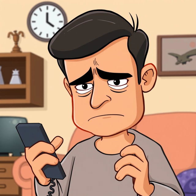 A cartoon scene depicting a worried and sad father character