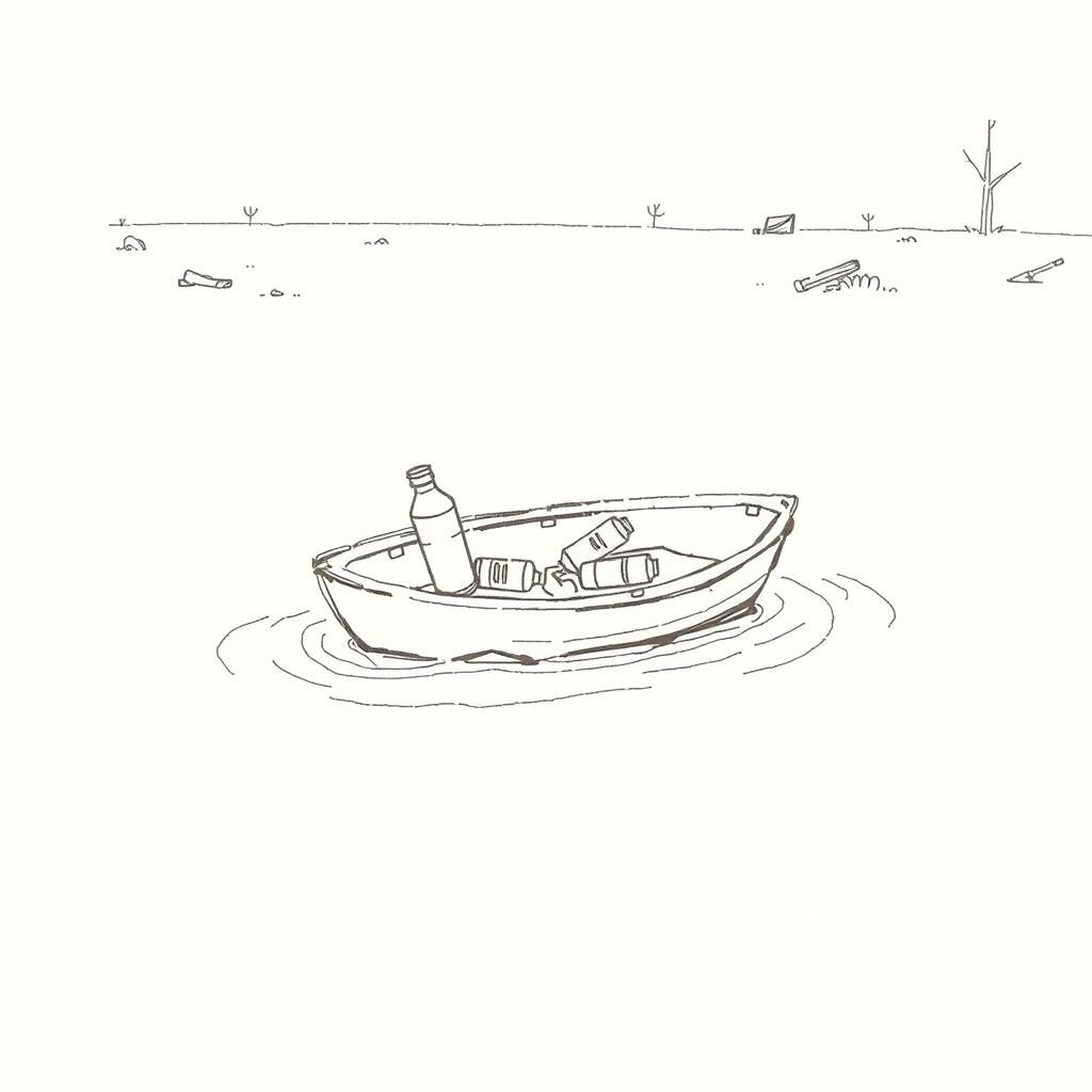 A simple hand-drawn sketch of a small boat adrift in a flood