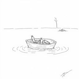 A simple hand-drawn sketch of a small boat adrift in a flood