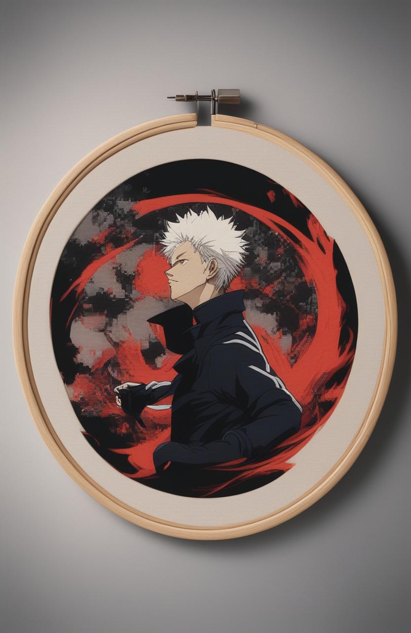 High quality 32k digital art featuring a dynamic scene from the anime Jujutsu Kaisen, framed within an embroidery hoop