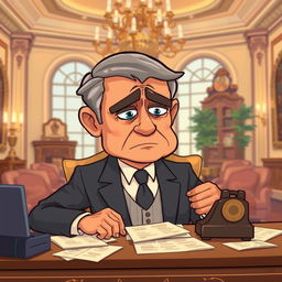 A cartoonish scene depicting a rich father, elegantly dressed in a tailored suit with a worried expression on his face