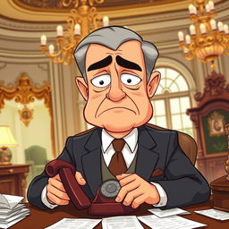 A cartoonish scene depicting a rich father, elegantly dressed in a tailored suit with a worried expression on his face