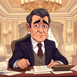 A cartoonish scene depicting a rich father, elegantly dressed in a tailored suit with a worried expression on his face