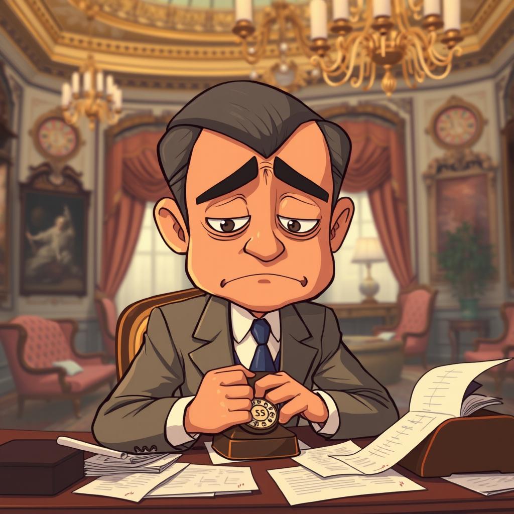 A cartoonish scene depicting a rich father, elegantly dressed in a tailored suit with a worried expression on his face