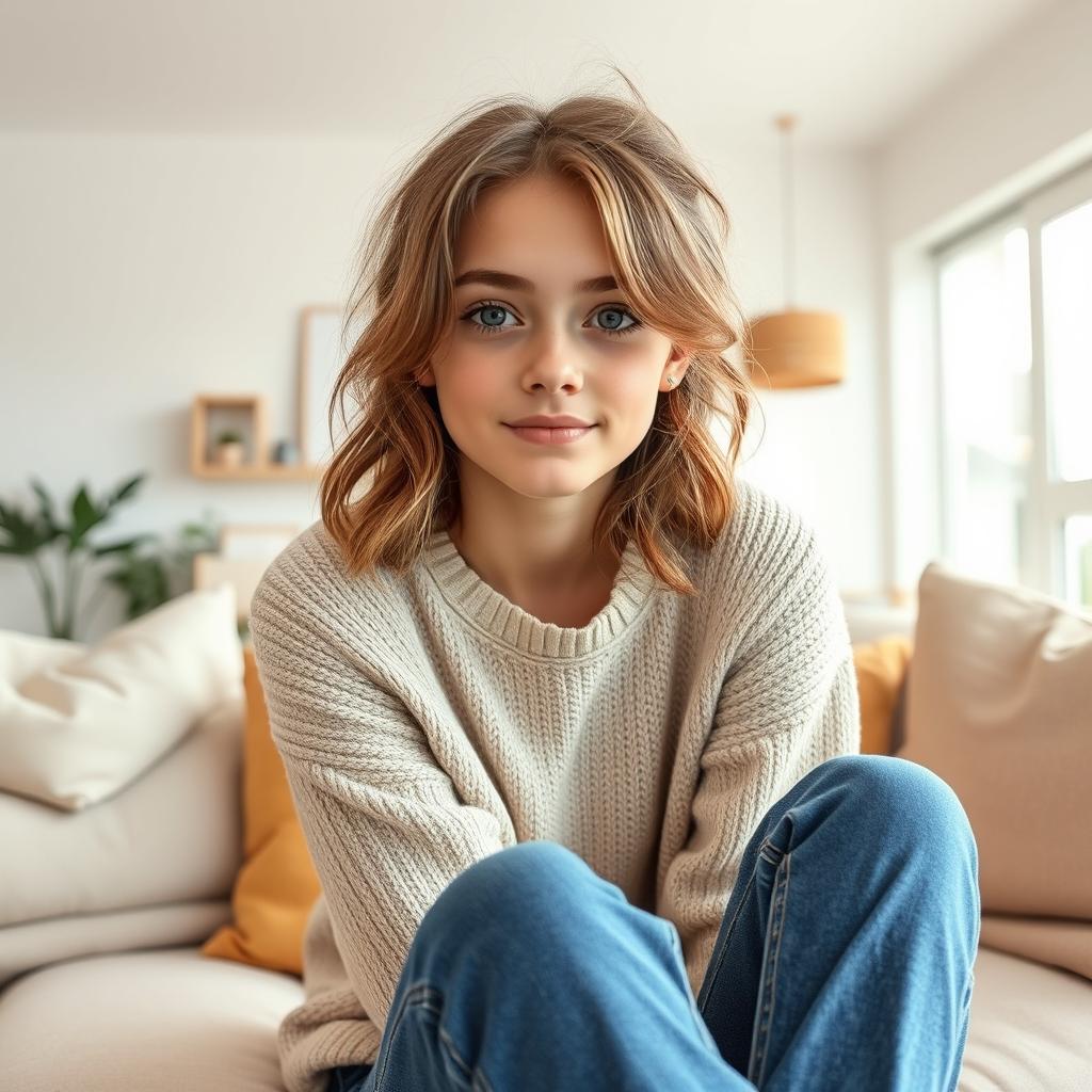 A girl with clear skin and light eyes, featuring natural, slightly tousled hair that adds to her relaxed appearance