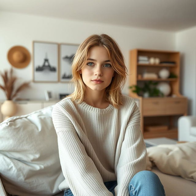 A girl with clear skin and light eyes, featuring natural, slightly tousled hair that adds to her relaxed appearance