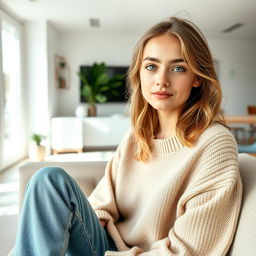 A girl with clear skin and light eyes, featuring natural, slightly tousled hair that adds to her relaxed appearance