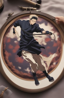 This 32k digital art piece frames a dynamic scene from the anime Jujutsu Kaisen within an embroidery hoop