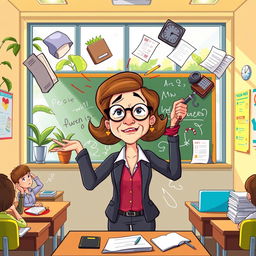 A cartoonish scene depicting a overwhelmed teacher in a bright, colorful classroom, juggling various classroom problems like disruptive students, overflowing paperwork, a ringing phone, and ungraded tests