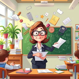 A cartoonish scene depicting a overwhelmed teacher in a bright, colorful classroom, juggling various classroom problems like disruptive students, overflowing paperwork, a ringing phone, and ungraded tests