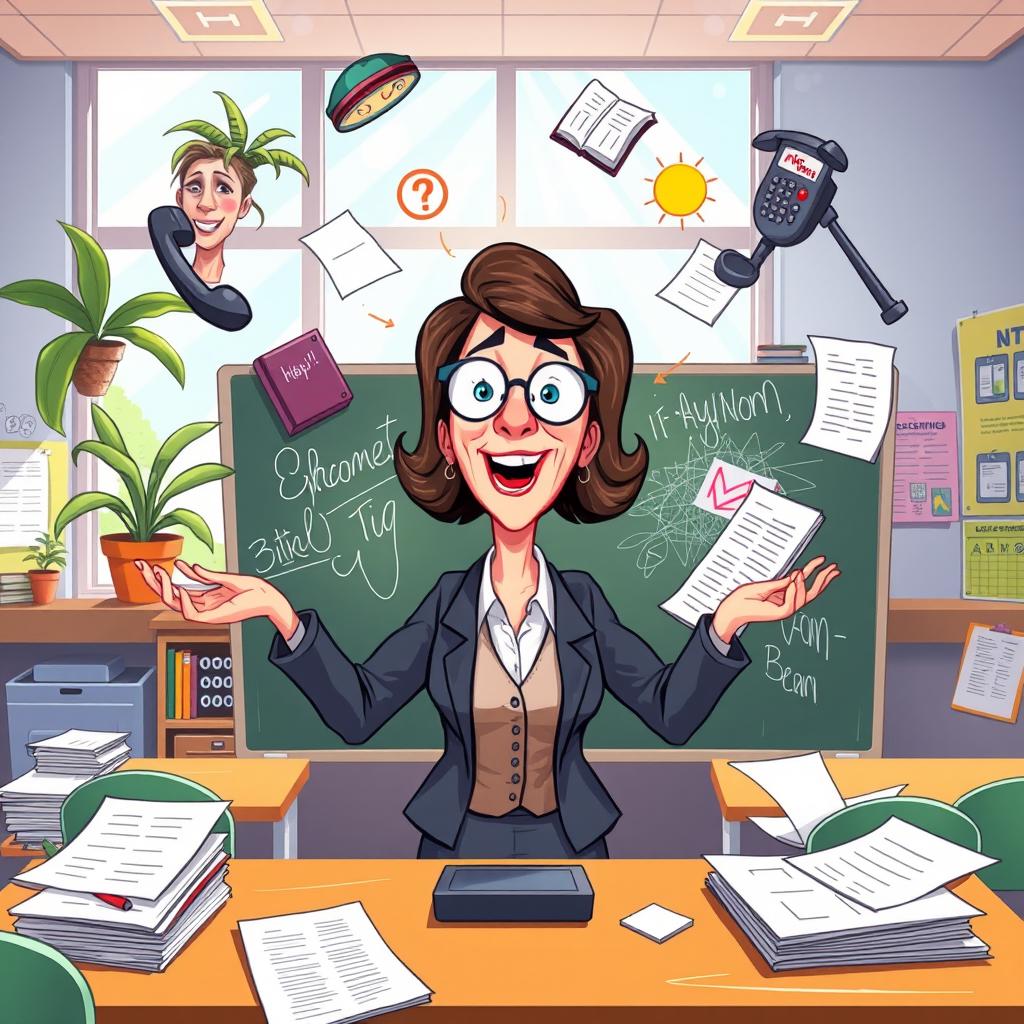 A cartoonish scene depicting a overwhelmed teacher in a bright, colorful classroom, juggling various classroom problems like disruptive students, overflowing paperwork, a ringing phone, and ungraded tests