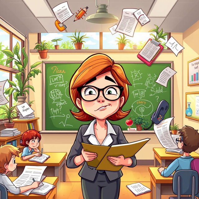 A cartoonish scene depicting a overwhelmed teacher in a bright, colorful classroom, juggling various classroom problems like disruptive students, overflowing paperwork, a ringing phone, and ungraded tests