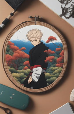 This 32k digital art piece frames a dynamic scene from the anime Jujutsu Kaisen within an embroidery hoop