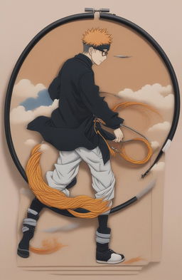 This 32k digital art piece frames a dynamic scene from the anime Jujutsu Kaisen within an embroidery hoop