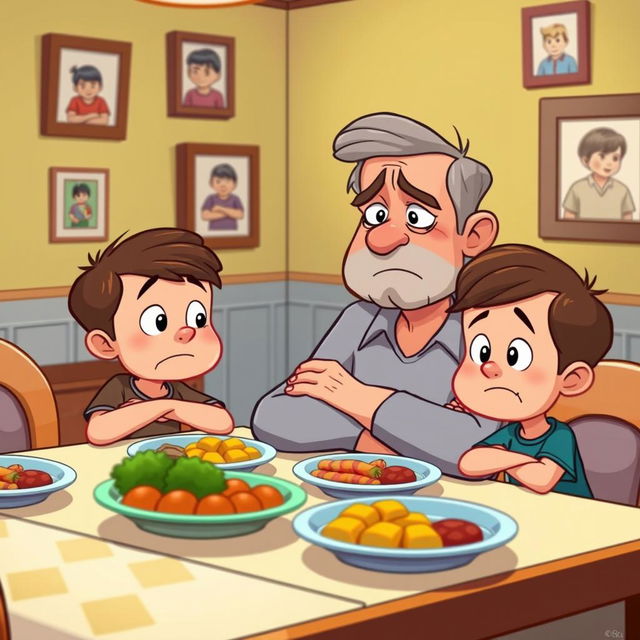 A cartoon scene depicting a worried and sad father sitting at a dining table with his two sons