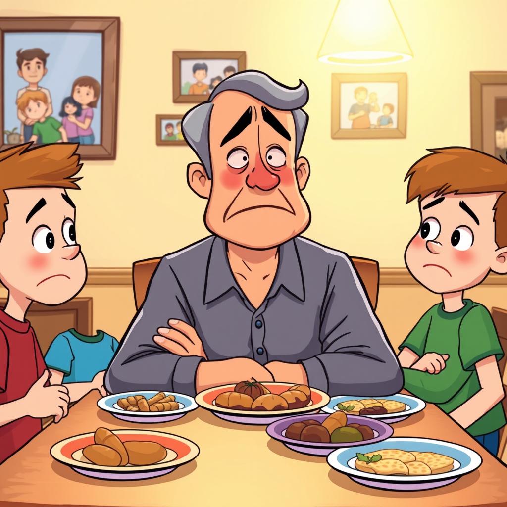 A cartoon scene depicting a worried and sad father sitting at a dining table with his two sons