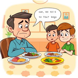A cartoon scene depicting a worried and sad father sitting at a dining table with his two sons