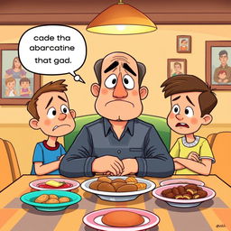 A cartoon scene depicting a worried and sad father sitting at a dining table with his two sons