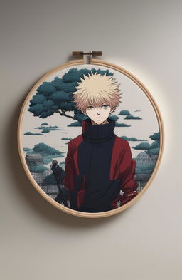 This 32k digital art piece frames a dynamic scene from the anime Jujutsu Kaisen within an embroidery hoop