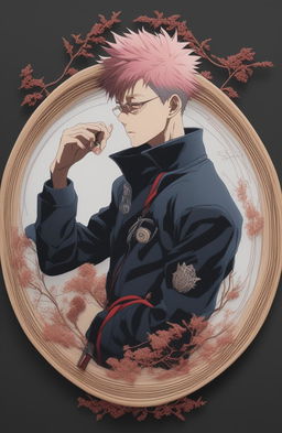 This 32k digital art piece frames a dynamic scene from the anime Jujutsu Kaisen within an embroidery hoop