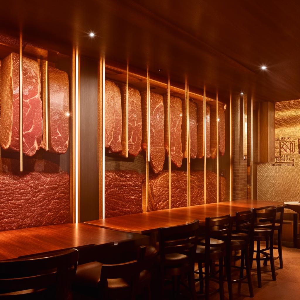 A steakhouse interior with warm, inviting lights, tasteful furniture, and a stunning feature wall with a transparent fridge showcasing an array of high-quality steaks hung for aging.